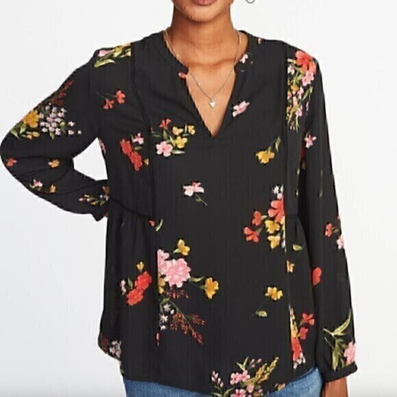 OLD NAVY Floral Print Georgette Swing Blouse Black Multi Long Sleeve Boho Top - Picture 1 of 13